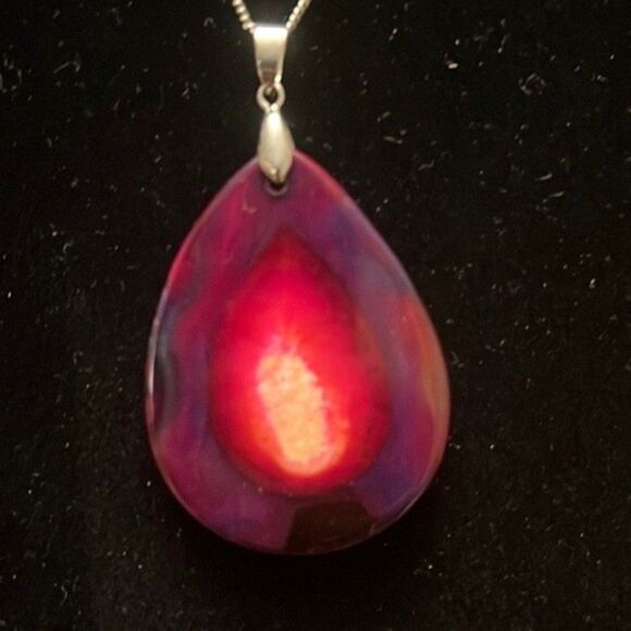 Handcrafted Red Teardrop Pendant Necklace – Silver Tone Chain - Picture 2 of 3